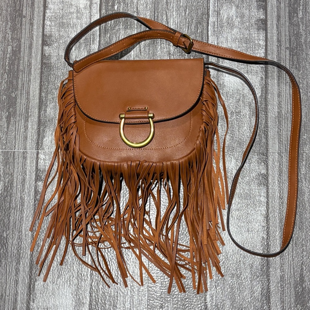 SCOOP Faux Leather Fringe Saddle Crossbody Bag.